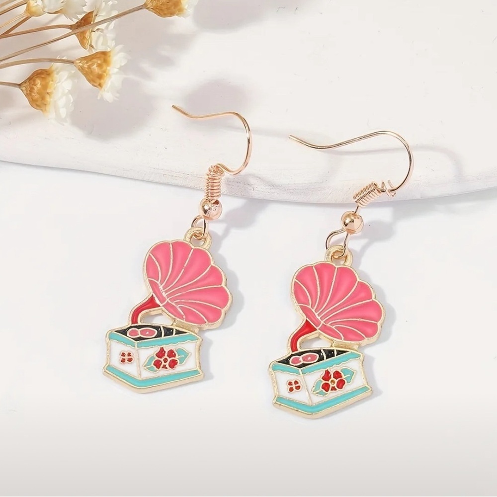 Pink and Gold Gramophone Earrings
